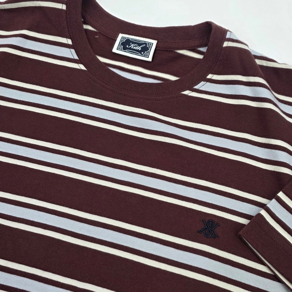 KITH STRIPE LAX TEE 2.0 MENS MEDIUM MAGMA MAROON BLUE WHITE SHORT SLEEVE BOXY